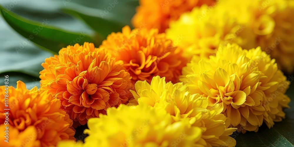 Marigold Garland: A close-up view of a vibrant marigold garland, showcasing its intricate details and warm, inviting colors. The garland is arranged on a green leaf background. Marigold Garland: A close-up view of a vibrant marigold garland, showcasing its intricate details and warm, inviting colors. The garland is arranged on a green leaf background.