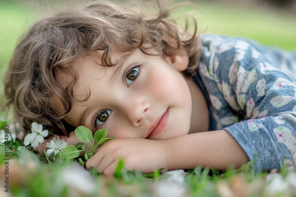 Adorable toddler with curly hair rests peacefully in grass, surrounded by flowers. Perfect for concepts of childhood, innocence, and springtime joy. Adorable toddler with curly hair rests peacefully in grass, surrounded by flowers. Perfect for concepts of childhood, innocence, and springtime joy.