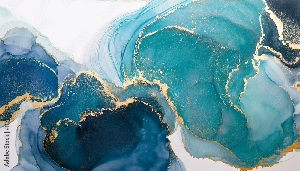 Abstract teal and gold ink art. Swirling colors and metallic accents create a luxurious, fluid design. Abstract teal and gold ink art. Swirling colors and metallic accents create a luxurious, fluid design.