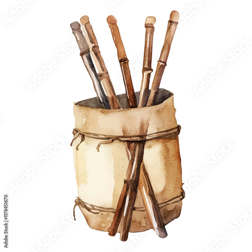 A watercolor vector of a drumstick bag, isolated on a white background. Drumstick bag vector.
