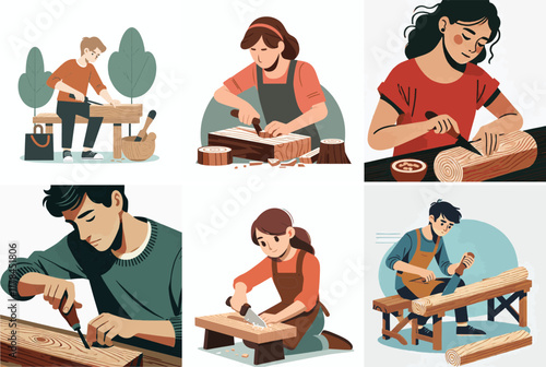 Vector set of a teenager carving wood with a simple flat design style