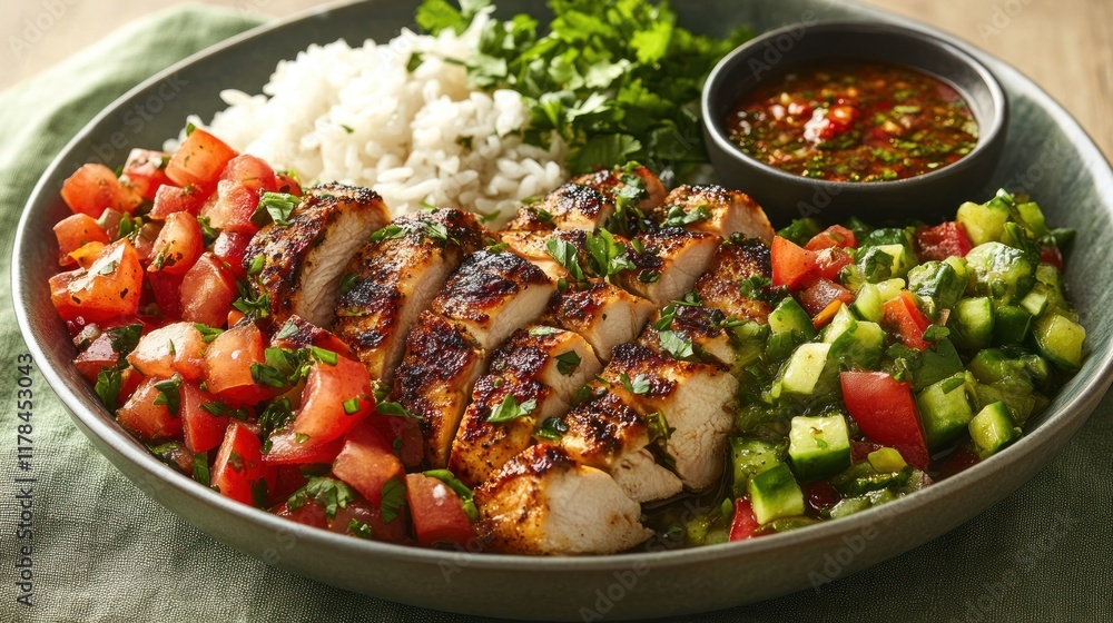 A vibrant plate of grilled chicken, rice, and fresh salsa garnished with herbs. A vibrant plate of grilled chicken, rice, and fresh salsa garnished with herbs.