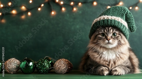 Fluffy cat with festive holiday hat. photo