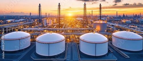 Aerial view of oil gas terminal concept, Drone view of a large industrial facility with natural gas storage tanks and monitoring towers during twilight