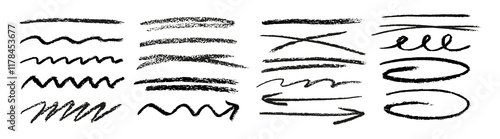 Charcoal strokes. Rough charcoal strokes. Collection of vector grunge brushes. Set of black hand drawn brush lines different forms on white background. Vector horizontal chalk lines