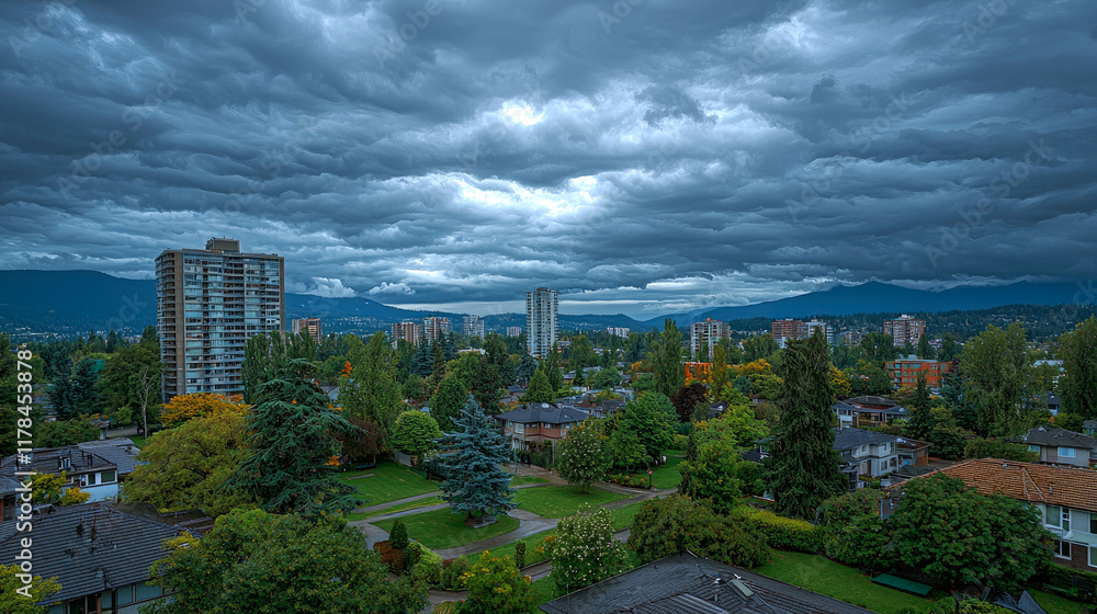 Obraz premium Dramatic Clouds Over Cityscape: Panoramic View of Residential Neighborhood Nestled Amongst Lush Greenery and Majestic Mountains