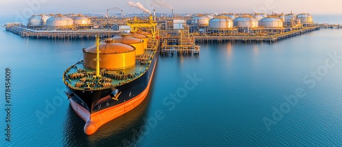 Aerial view of oil gas terminal concept, Wide aerial view of a liquefied natural gas terminal with massive cooling tanks and a ship being loaded