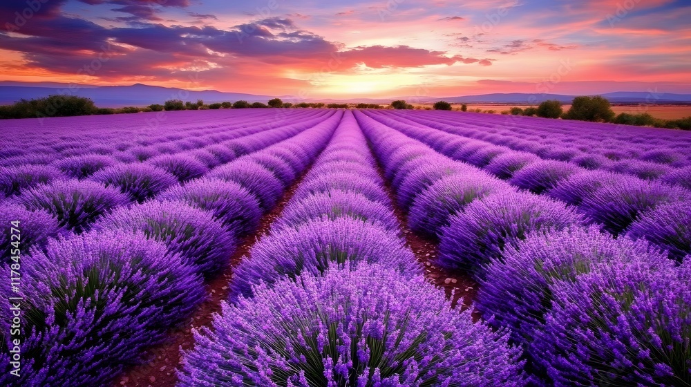 Obraz premium A serene lavender field under the twilight sky, with rows of purple flowers stretching to the horizon. captures the tranquility and beauty of nature