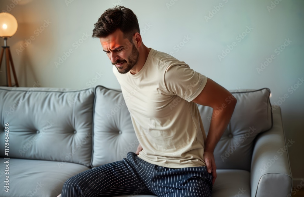 Man sitting on sofa experiencing lower back pain. Holds back, looking distressed. Painful discomfort in lumbar region evident. Indoor home setting. Casual attire. Possible chronic back problem. Man sitting on sofa experiencing lower back pain. Holds back, looking distressed. Painful discomfort in lumbar region evident. Indoor home setting. Casual attire. Possible chronic back problem.