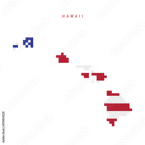 Hawaii pixel flag map icon. 8 bit pixel art map covered with american flag. Flat vector illustration isolated on white background.