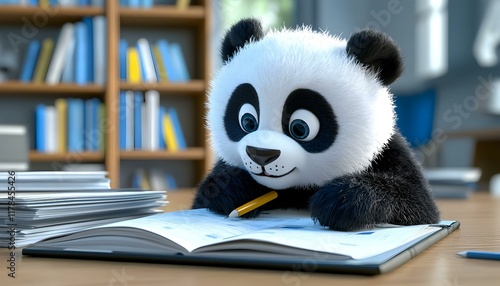 Panda in Glasses Studying Data, A whimsical scene of a panda wearing glasses, intently examining colorful data sheets with curiosity. photo