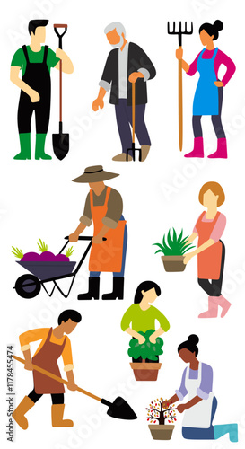 set of farmer and gardener Vector illustration. gardening elements consisting of people planting flowers, people hoeing the soil, people moving plants, people pushing plant carts