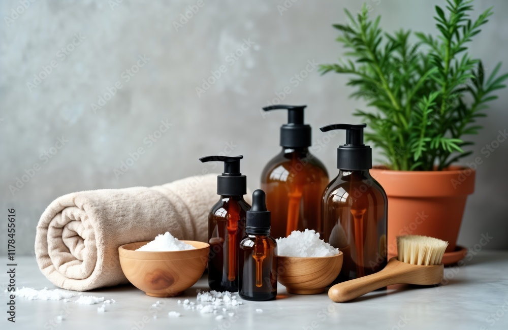 Eco-friendly skincare accessories displayed on marble surface. Reusable bottles, jars of natural products. Wooden bowls filled with bath salts. Rolled-up beige towel. Small potted plant, body brush. Eco-friendly skincare accessories displayed on marble surface. Reusable bottles, jars of natural products. Wooden bowls filled with bath salts. Rolled-up beige towel. Small potted plant, body brush.