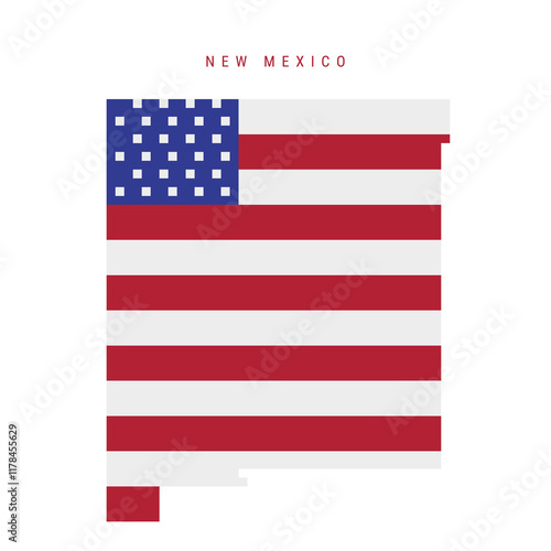 New Mexico pixel flag map icon. 8 bit pixel art map covered with american flag. Flat vector illustration isolated on white background.