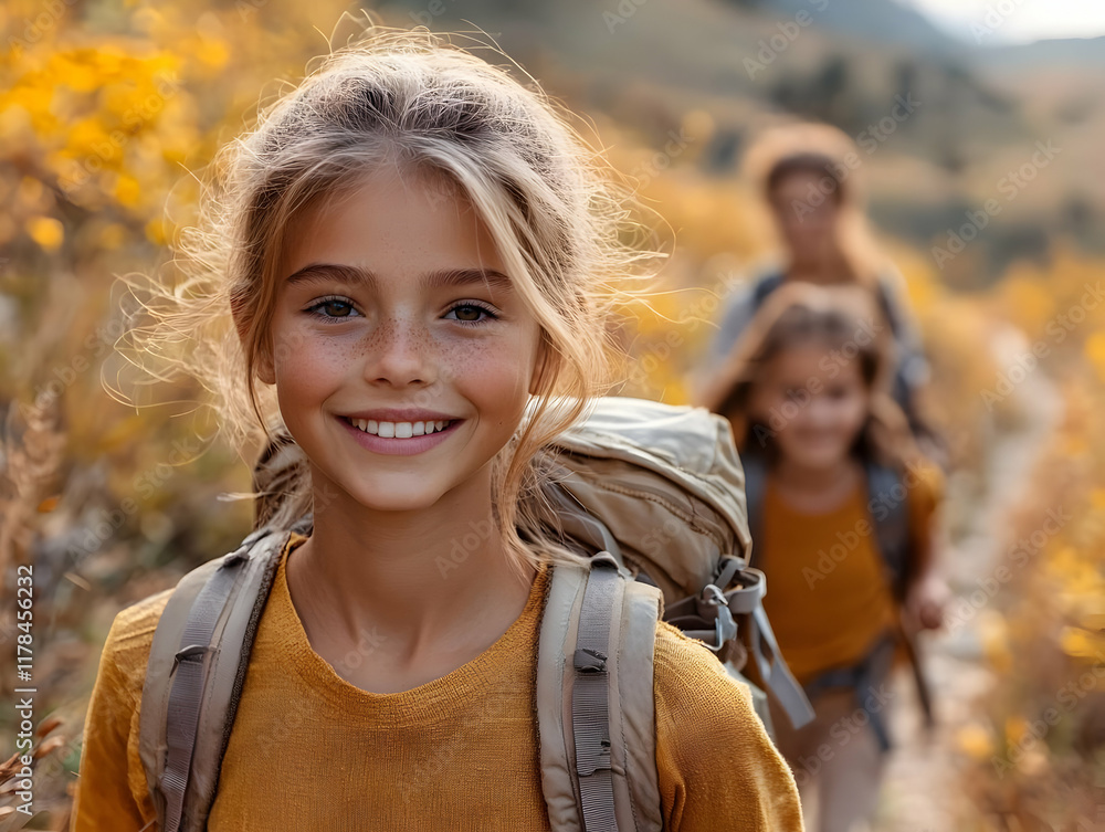 Girl Smiles Hiking Autumn Trail Backpack Joyfully Girl Smiles Hiking Autumn Trail Backpack Joyfully