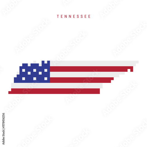 Tennessee pixel flag map icon. 8 bit pixel art map covered with american flag. Flat vector illustration isolated on white background.