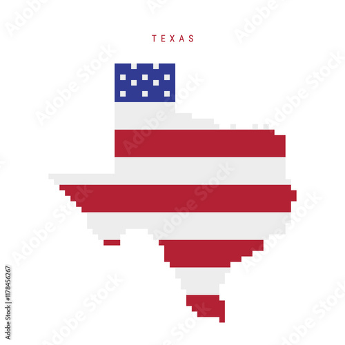 Texas pixel flag map icon. 8 bit pixel art map covered with american flag. Flat vector illustration isolated on white background.