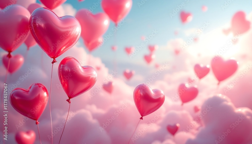 Romantic Pink Heart Balloons Floating in Cloudy Sky - Valentine's Day Background Romantic Pink Heart Balloons Floating in Cloudy Sky - Valentine's Day Background