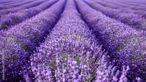 A serene lavender field under the twilight sky, with rows of purple flowers stretching to the horizon. captures the tranquility and beauty of nature