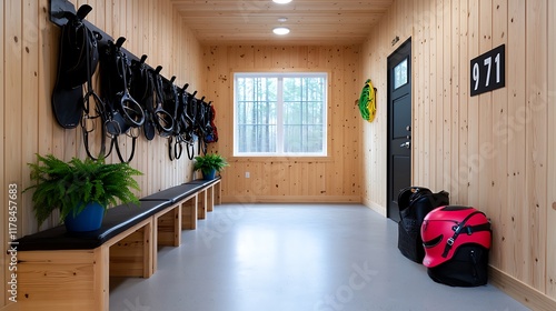 Bright, clean tack room with wooden walls, benches, and riding equipment.