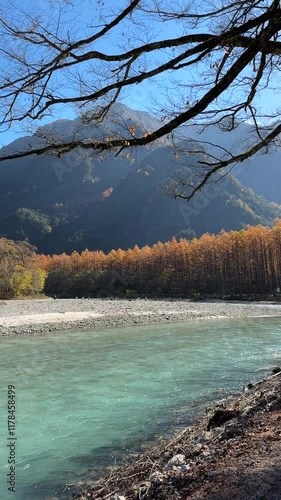 Azusa River with Alpine Landscape of Kamikochi in the Northern Japanese Alps.