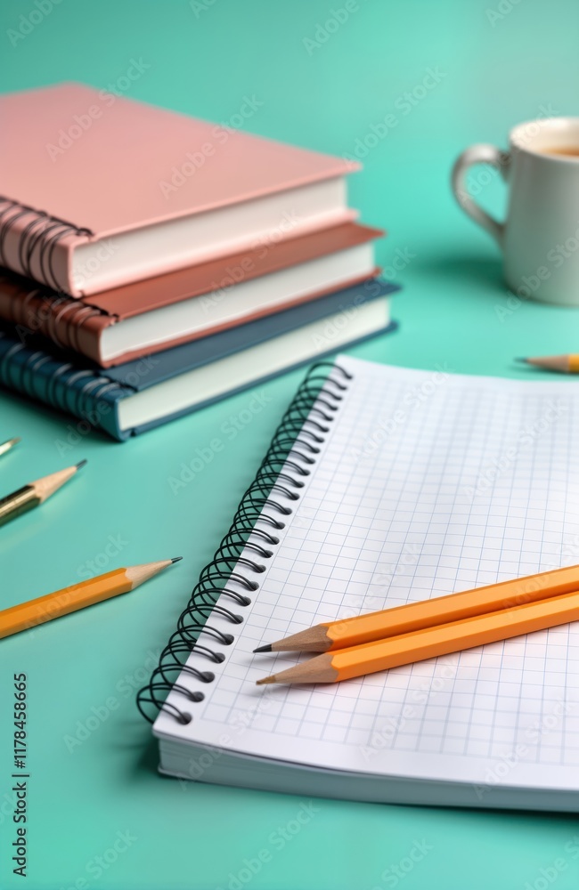 Blank notepad, pencils on mint green desk. Stack of notebooks, cup of coffee in background. Study office workspace setting. Empty page ready for writing drawing. School supplies. Simple office scene. Blank notepad, pencils on mint green desk. Stack of notebooks, cup of coffee in background. Study office workspace setting. Empty page ready for writing drawing. School supplies. Simple office scene.