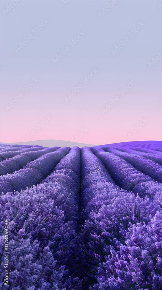 Obraz premium A serene lavender field under the twilight sky, with rows of purple flowers stretching to the horizon. captures the tranquility and beauty of nature