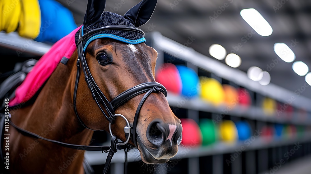 Chestnut horse in a stable, wearing a bridle and ear bonnet. Chestnut horse in a stable, wearing a bridle and ear bonnet.