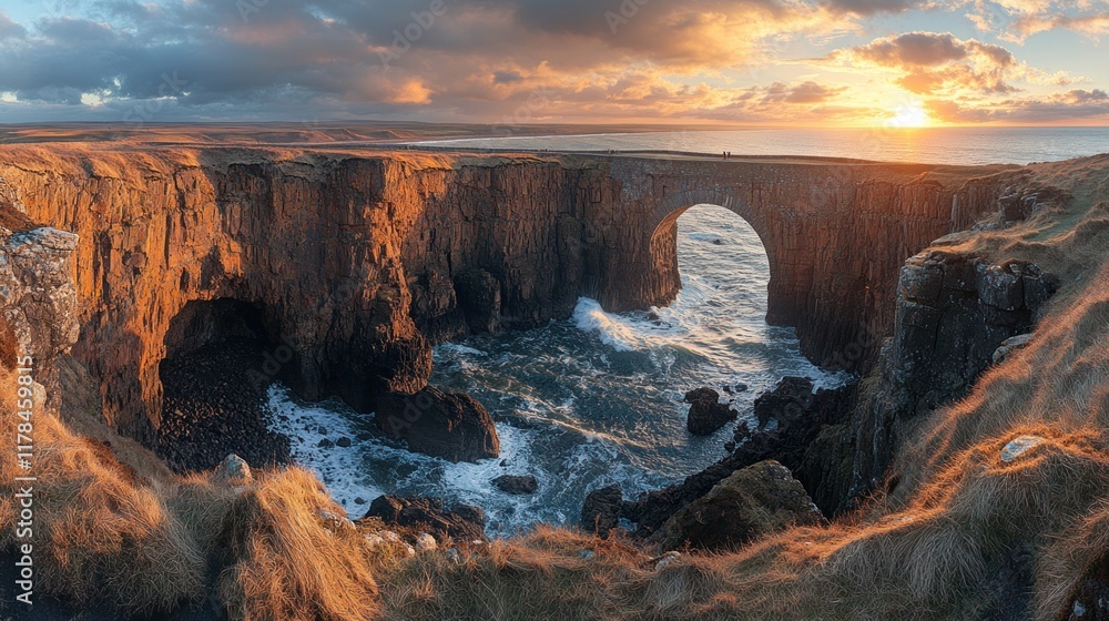 Fototapeta premium A stunning coastal landscape featuring a stone arch bridge at sunset.