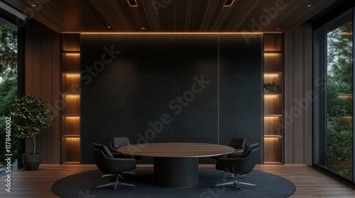 Modern dark wood office meeting room with large round table and dark wall.