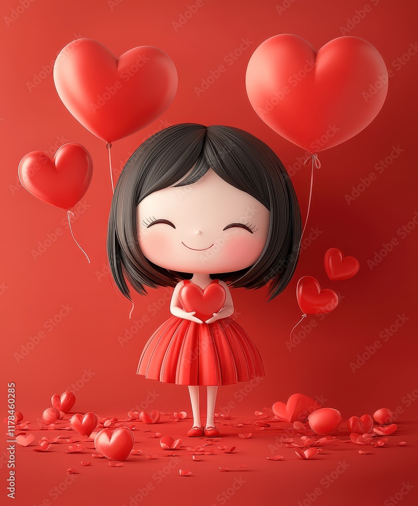 A cheerful girl in a flowing red dress holds heart-shaped balloons, surrounded by a vibrant field of hearts, celebrating love and joy on Valentine's Day. A cheerful girl in a flowing red dress holds heart-shaped balloons, surrounded by a vibrant field of hearts, celebrating love and joy on Valentine's Day.