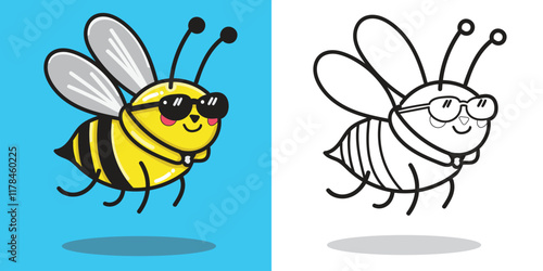 A cute cartoon bee flying for a design element or coloring book element