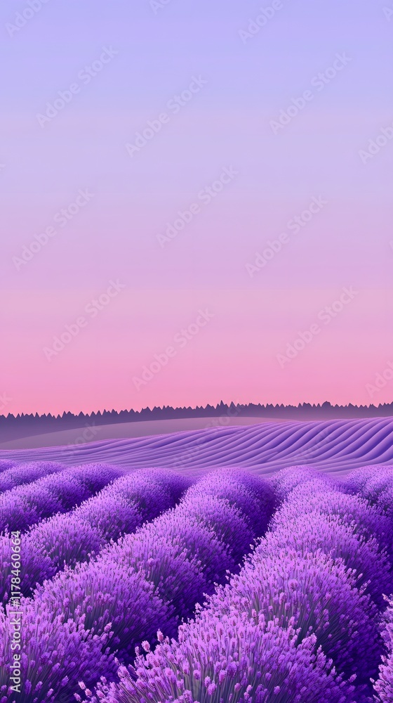 Obraz premium A serene lavender field under the twilight sky, with rows of purple flowers stretching to the horizon. captures the tranquility and beauty of nature
