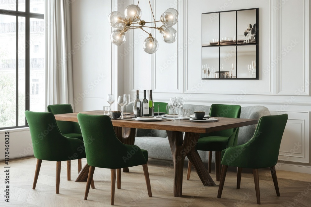Modern dining room with green velvet chairs, wooden table, and chandelier. Modern dining room with green velvet chairs, wooden table, and chandelier.