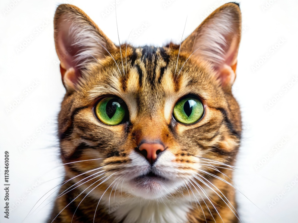 Close-up Fluffy Domestic Shorthair Cat, White Background, Macro Close-up Fluffy Domestic Shorthair Cat, White Background, Macro