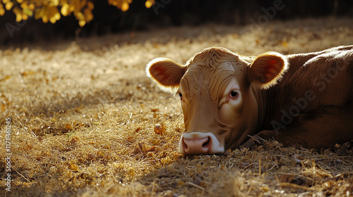 A cow lying down in a pasture, chewing cud, with a peaceful expression photo