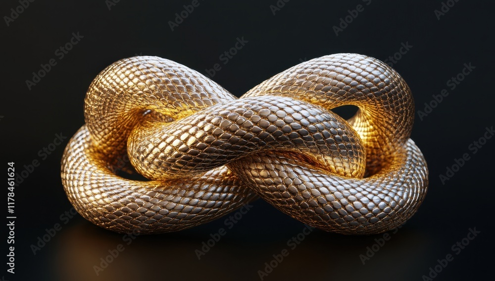 Obraz premium A Stunning 3D Rendering of a Golden Infinity Symbol Crafted from Intricate Snake Texture, Capturing the Essence of Luxury and Timelessness in a Modern Design