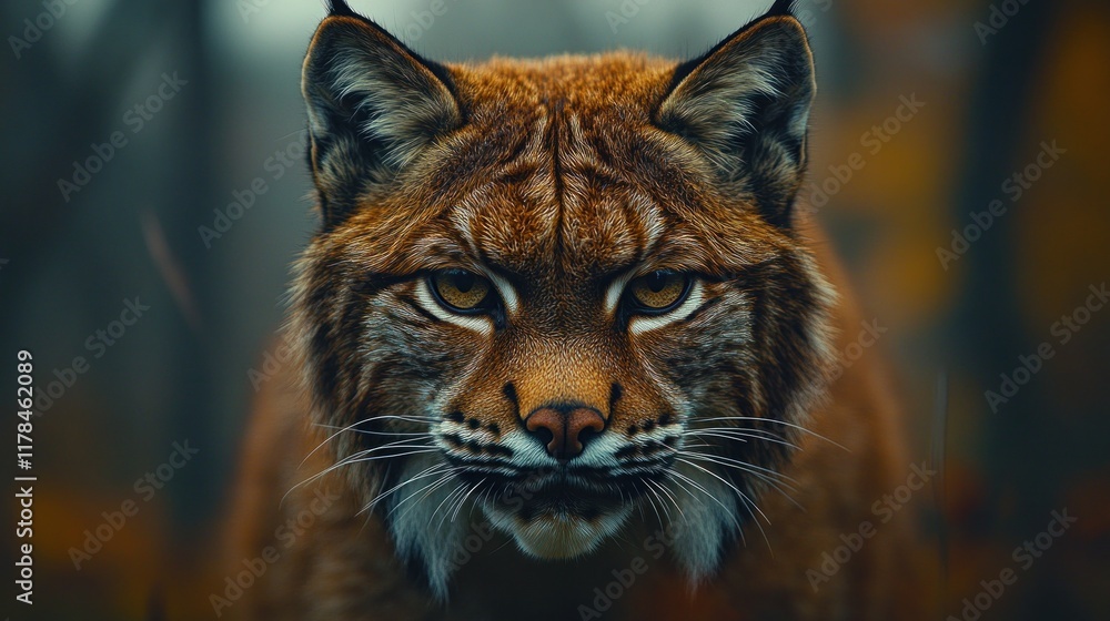 A close-up of a lynx with intense eyes, set against a blurred forest background. A close-up of a lynx with intense eyes, set against a blurred forest background.