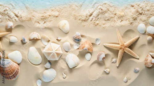 Soft, textured beach seen from above, with seashells, starfish, and smooth sand forming an intricate, calming pattern.  photo