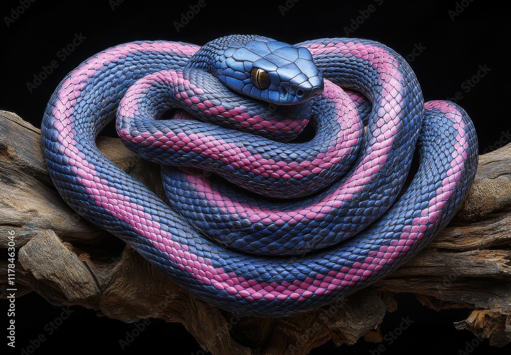 Obraz premium Captivating Blue and Pink Snake Coiled on Tree Branch Displaying Intricate Scales and Unique Coloration in a Studio Setting Against Dark Background