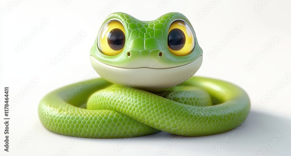 Fototapeta premium Charming Cartoon Green Snake with Big Eyes and Cute Expression, Ideal for Nature Themes, Kids Designs, or Environmental Awareness Campaigns and Illustrations.