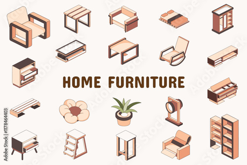 Home Furniture Lineal Color Vector Illustration Icon Sticker Set Design Materials