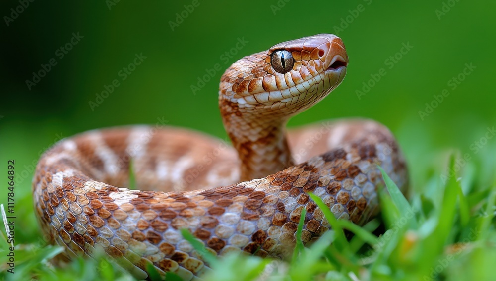 Obraz premium Close-Up of a Beautiful Brown and Cream Colored Snake with Intricate Scales Curled on Lush Green Grass Surrounded by Nature's Tranquil Setting