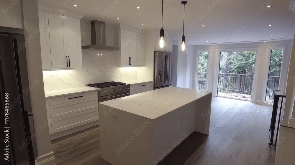 Modern kitchen with white cabinets, quartz countertops, and island. Modern kitchen with white cabinets, quartz countertops, and island.