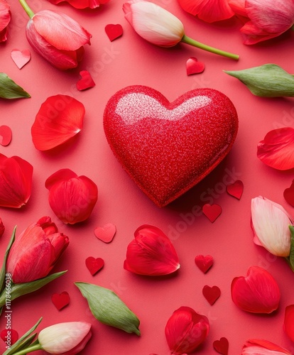 A romantic Valentine's Day scene featuring a vibrant red heart surrounded by elegant tulips, symbolizing love and beauty in a heartfelt celebration.