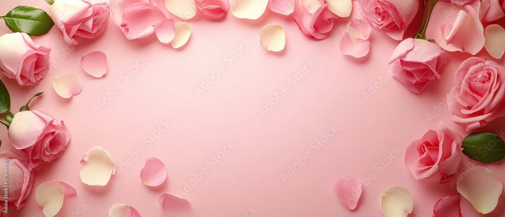 A delicate circle of pink roses and petals radiates love against a soft pink backdrop, capturing the essence of romance and affection this Valentine's Day. A delicate circle of pink roses and petals radiates love against a soft pink backdrop, capturing the essence of romance and affection this Valentine's Day.