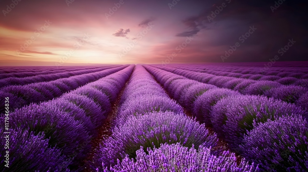 Obraz premium A serene lavender field under the twilight sky, with rows of purple flowers stretching to the horizon. captures the tranquility and beauty of nature