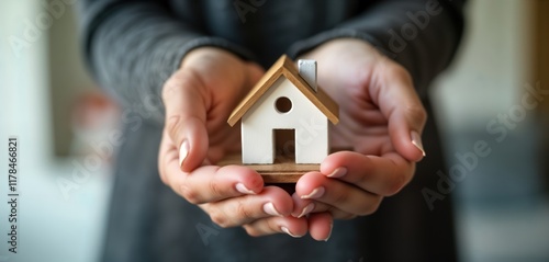 Wallpaper Mural Care for housing shown by hands holding small house model. Home security, support. Photo captures concept of safe shelter, housing options. Relates to housing crisis, financial stress for seeking Torontodigital.ca