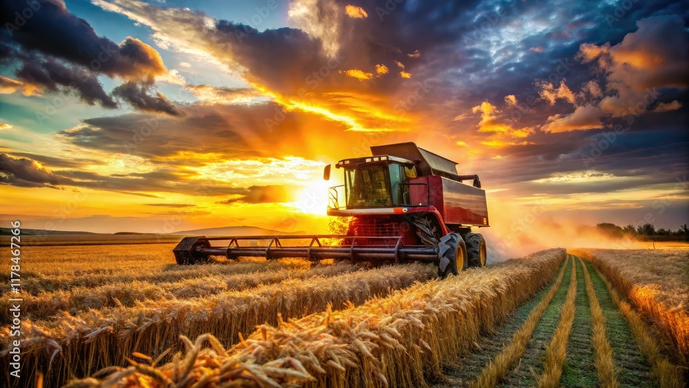 Fototapeta premium Combine Harvester Wheat Harvest Sunset Landscape Photography