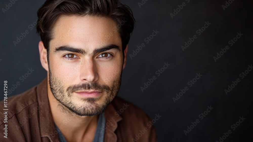 Close-up portrait of a handsome man with brown hair and eyes, wearing a brown shirt, against a dark background. Close-up portrait of a handsome man with brown hair and eyes, wearing a brown shirt, against a dark background.